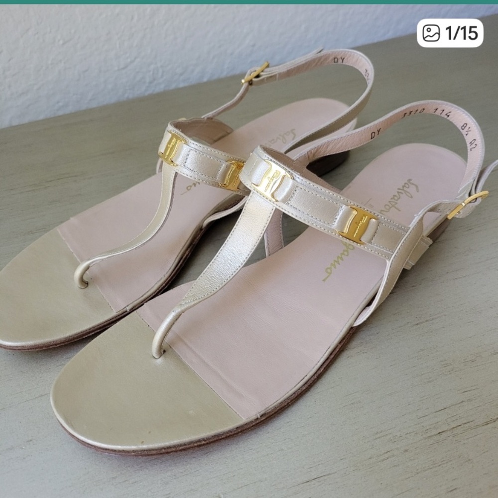 Salvatore Ferragamo beautiful Women's Gold T-Strap Sandals gold logos 8.5